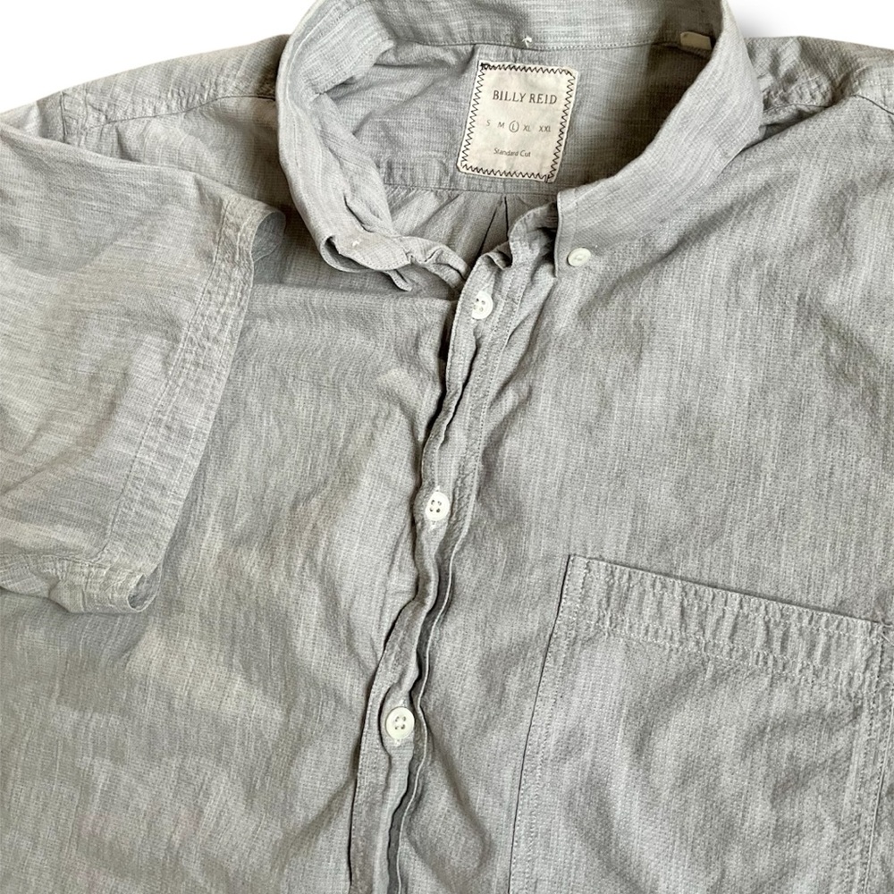 Billy Reid Shirt Mens L Grey Short Sleeve Button Up Cotton Polo Standard Cut‎